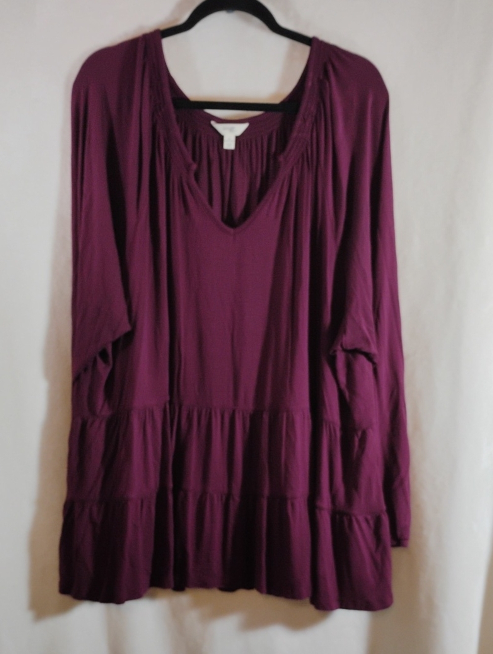 Long Sleeve V-Neck Tiered Tunic - Deep Plum 3X